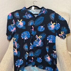 Dutch Bros Blue and Pink Leaf Pattern Shirt